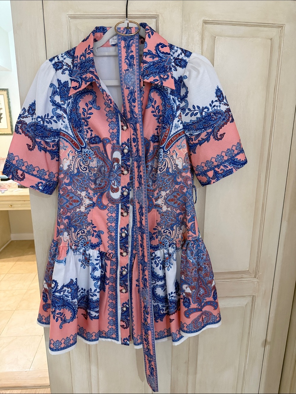 Pink & Blue Paisley Button-Front Tunic Dress
